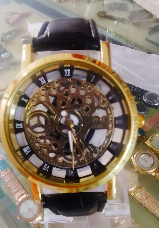 Stylish Leather Watch With Gold-tone Stainless Dial & Black Strap Without Box