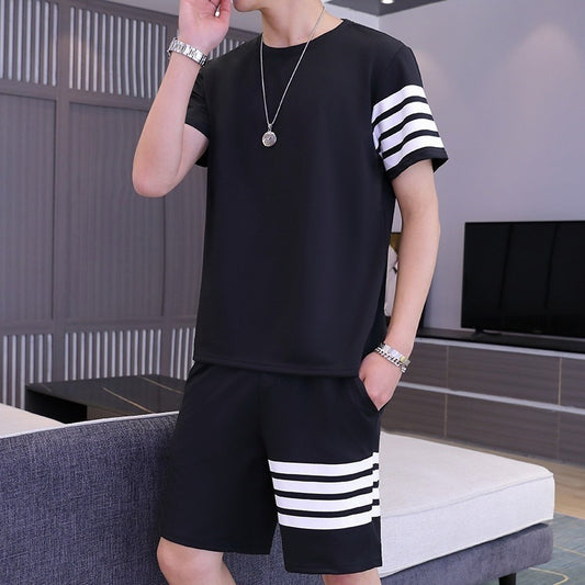 Black Color Trendy Line Printed Tracksuit For Men | Cotton T-shirt & Shorts | Summer Casual Wear | Gym & Elegant Suit
