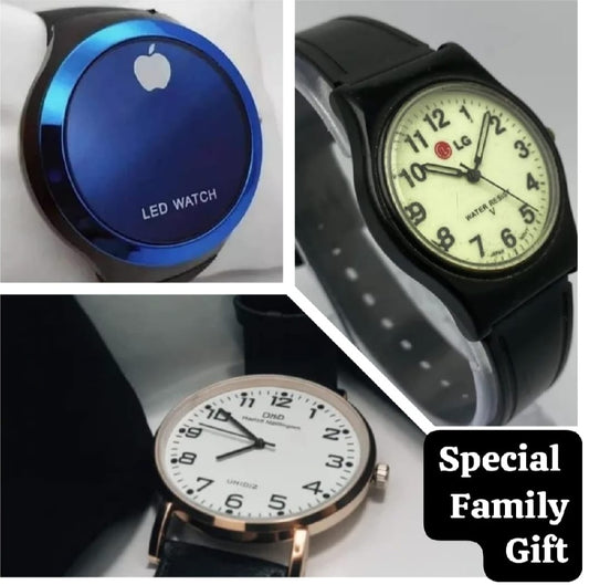 Family Gift Pack Of 3 Watches | Best Quality Watches | Daniel Wellington Watch + Lg Quartz Watch + Apple Logo Digital Watch | Watches ( Without Box ) (random Color