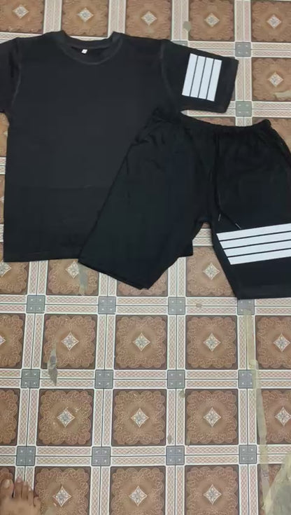 Black Color Trendy Line Printed Tracksuit For Men | Cotton T-shirt & Shorts | Summer Casual Wear | Gym & Elegant Suit